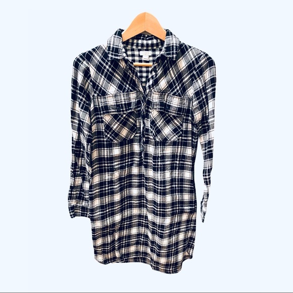J Crew Black White Flannel Shirt Dress Plaid XXS - Picture 2 of 8